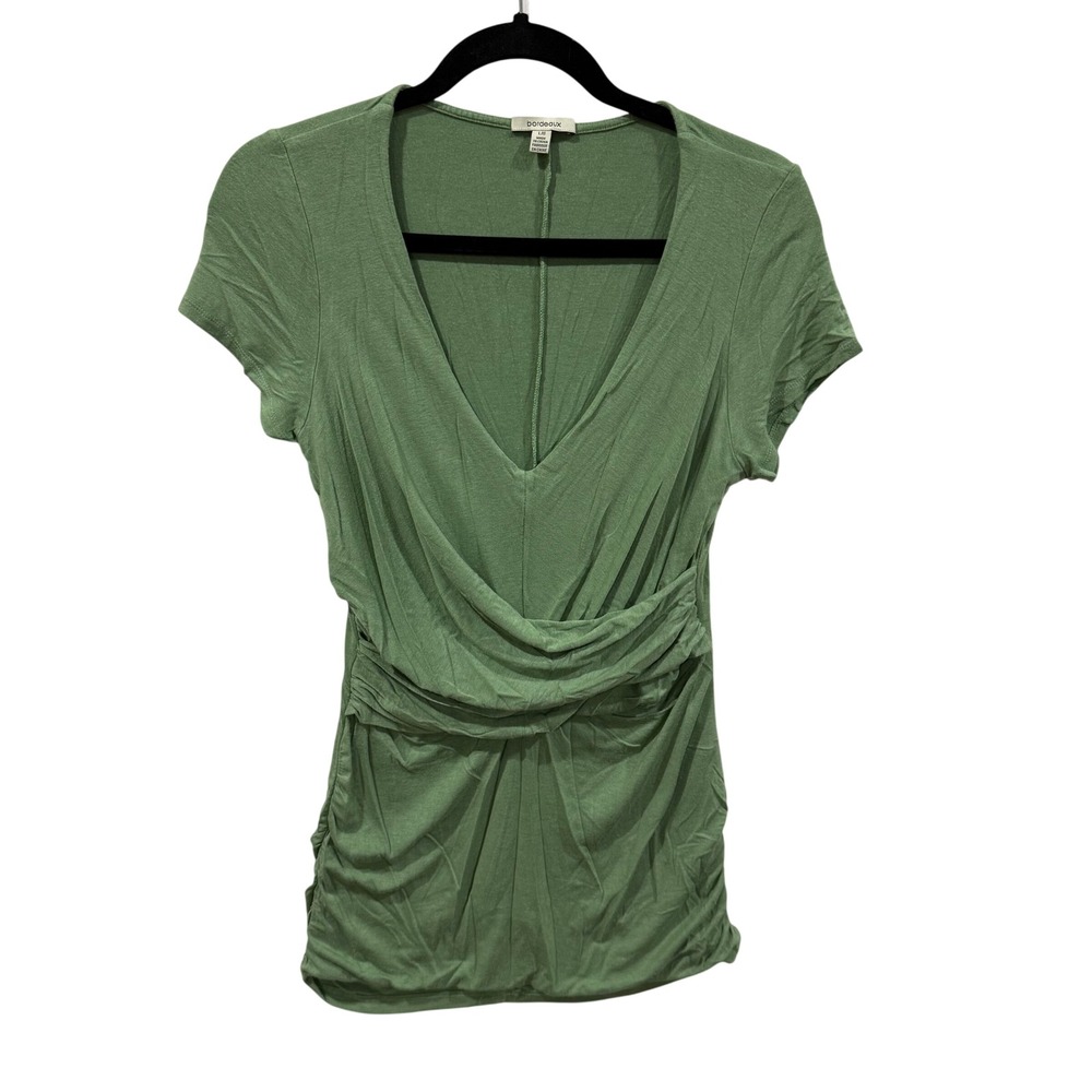 Bordeaux Women Sage Green Surplice Ruched V-Neck Short Sleeve Top Size L